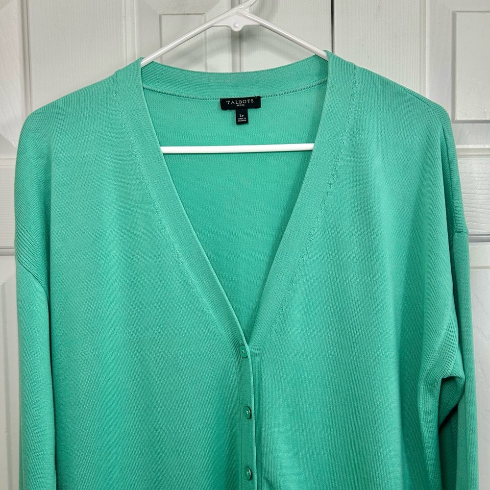 Talbots Green V-neck Button Down Cotton Blend Career Cardigan Sweater Sz Lp - Picture 2 of 14